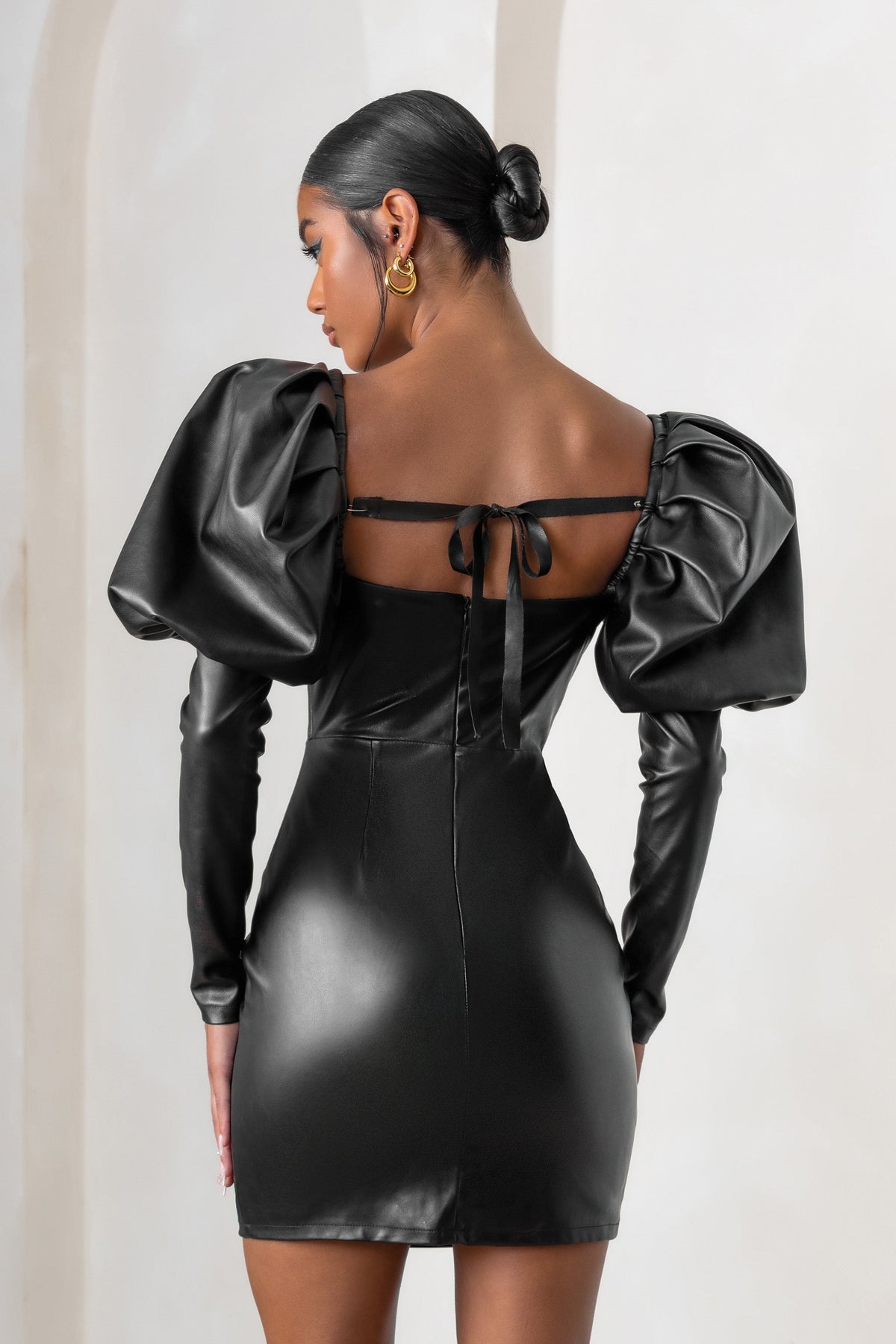 Faux Leather Corset Mini Dress in Black, 6