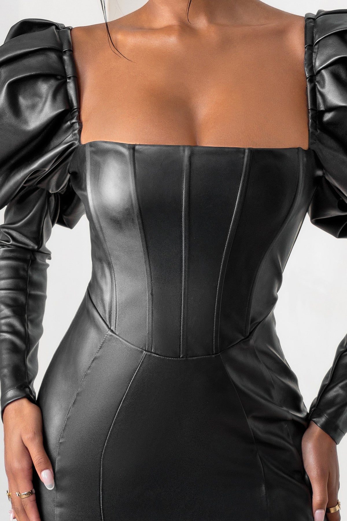 Black Faux Leather Long Sleeve Button Up Detail Bodycon Dress