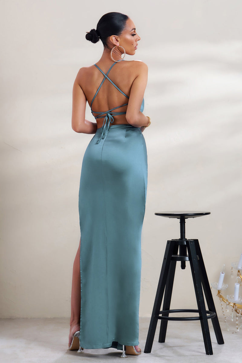 A-List Blue Satin Cowl Maxi Dress With Thigh Split – Club L London - USA