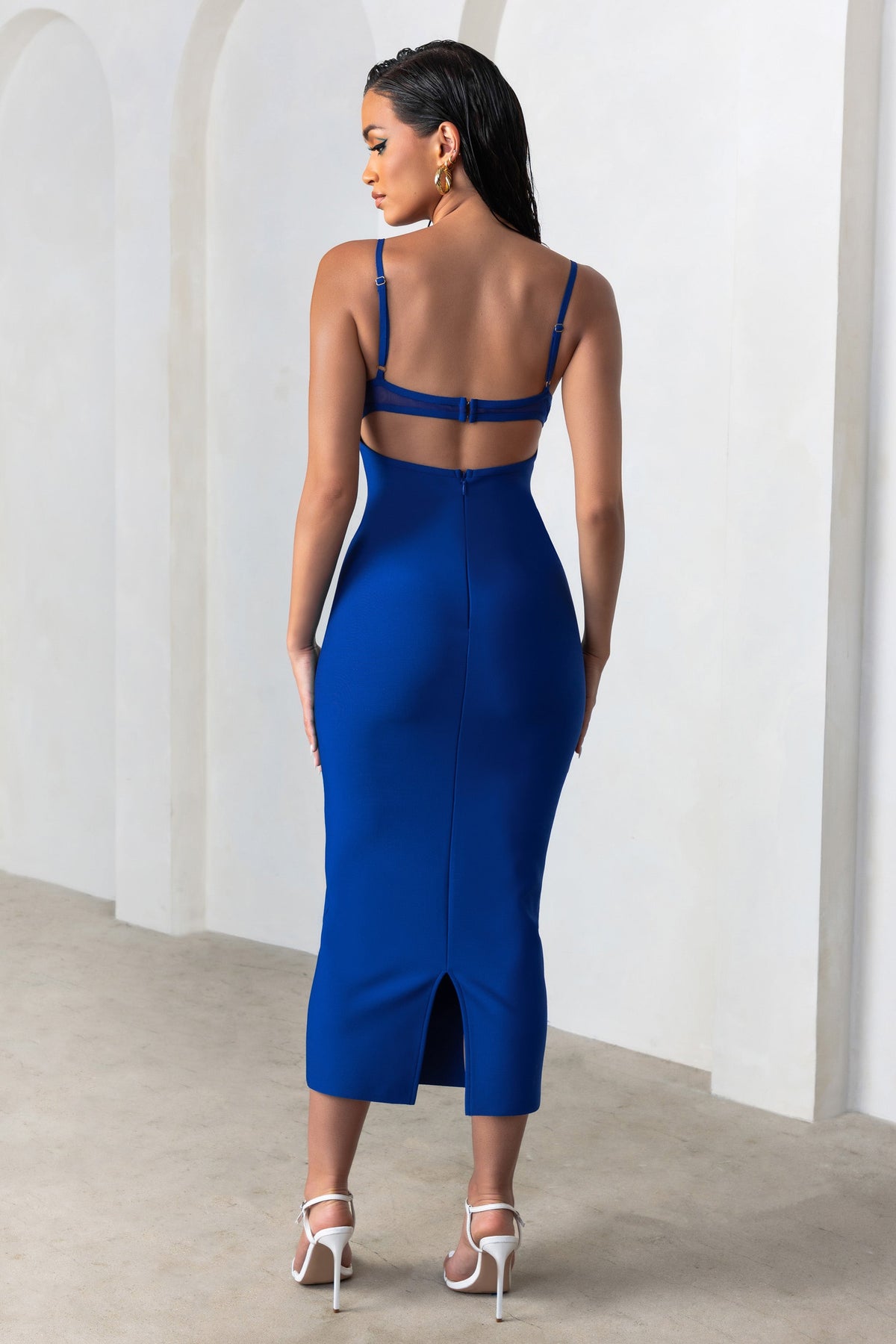 Destiny Calling Electric Blue Bandage Mesh Cut Out Midi Dress with