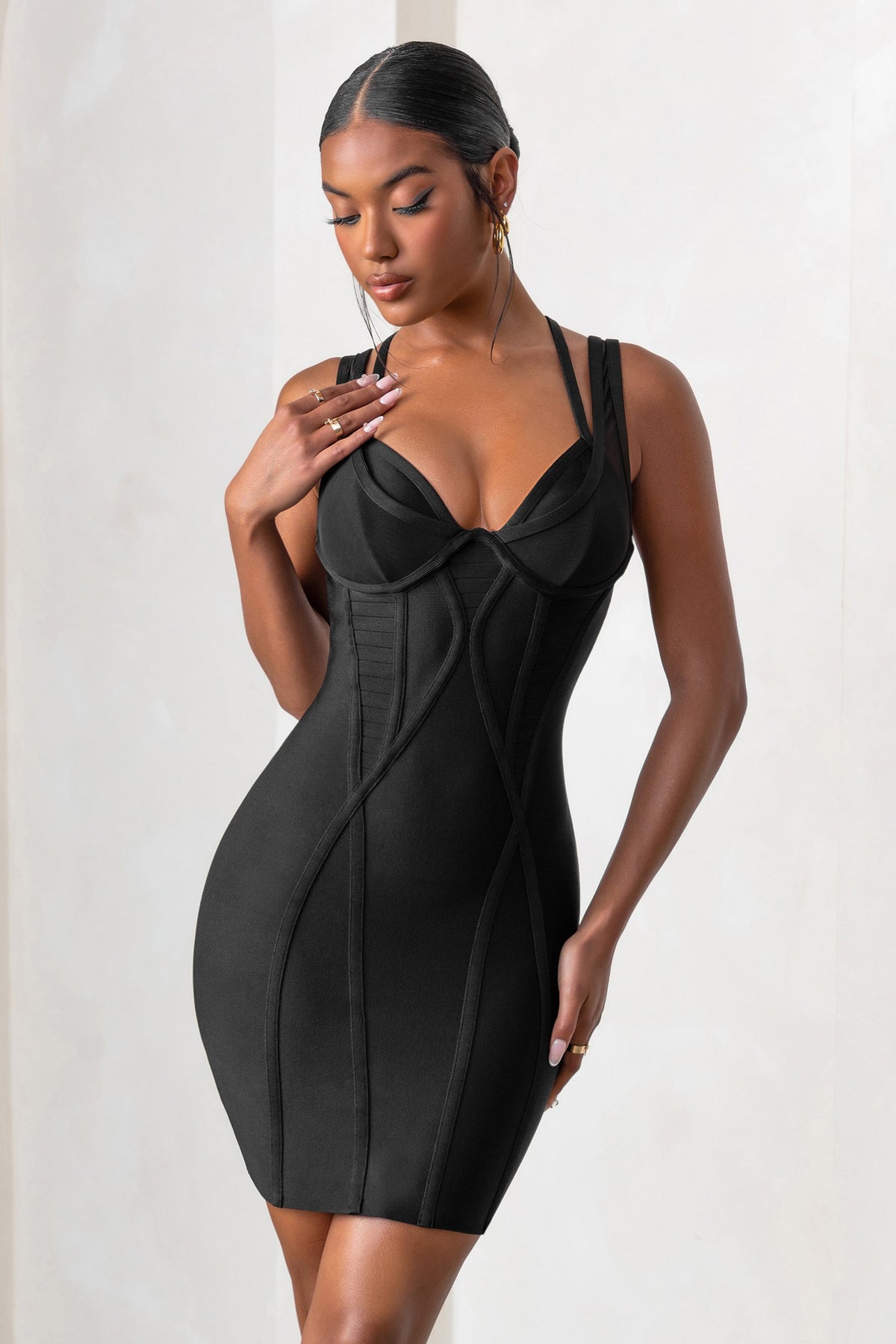 Jetsetter Black Bandage Wired Mini Dress With Shaping Seam Detail – Club L  London - USA