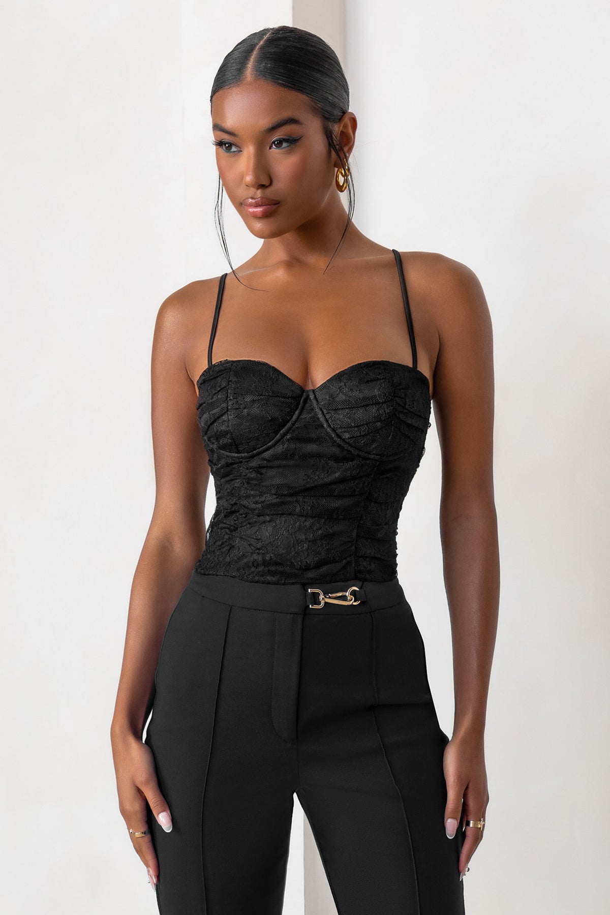 Talulla Black Lace Ruched Mesh Top With Bra Cup Detail – Club L London - AUS