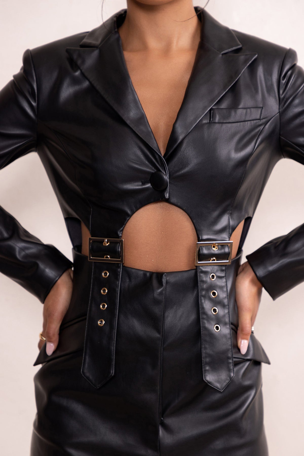 Black Faux Leather Cut Out Short Dress