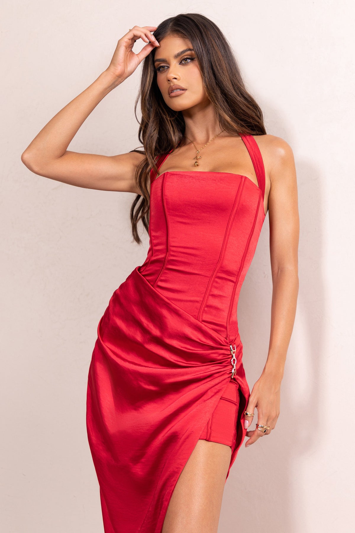 Clara Red Satin Halter Neck Corset Wrap Skirt Maxi Dress – Club L London -  USA