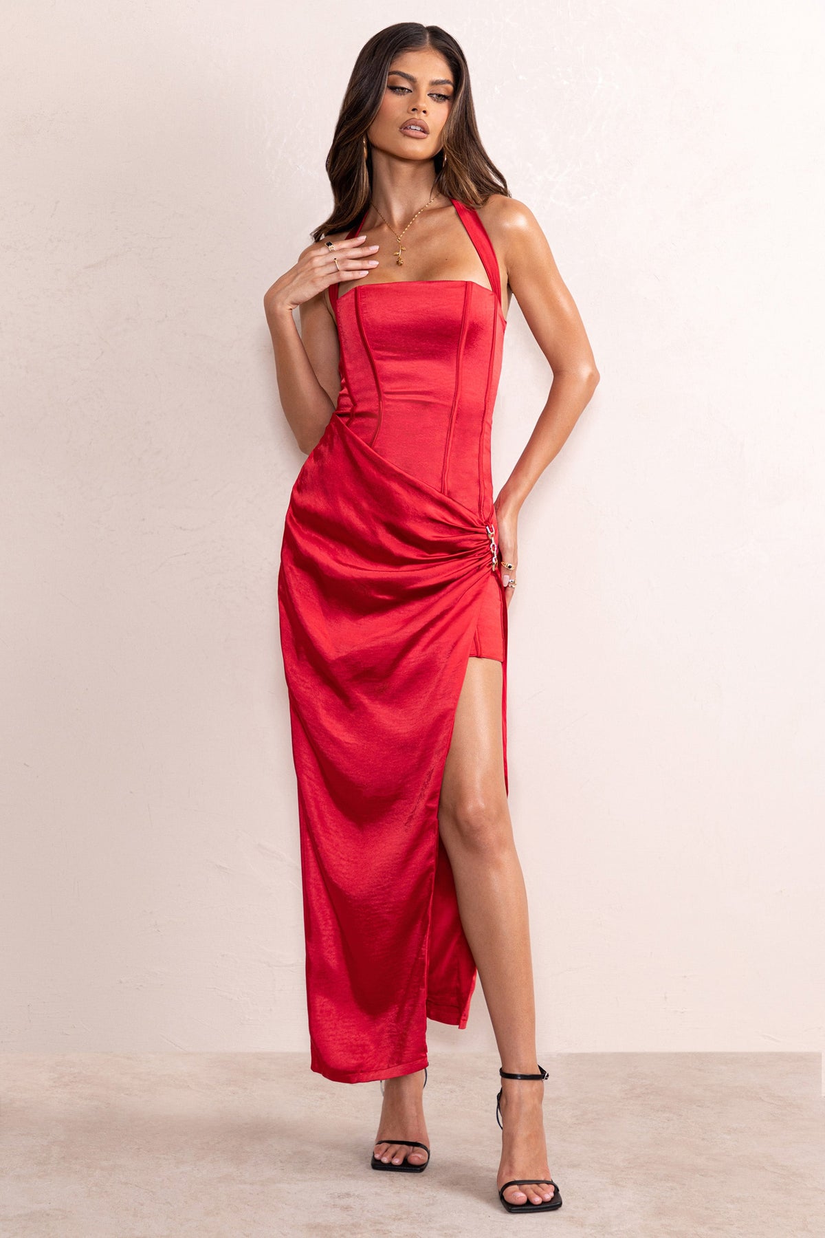 Red Satin Neck Corset Wrap Skirt Maxi Dress – Club L London