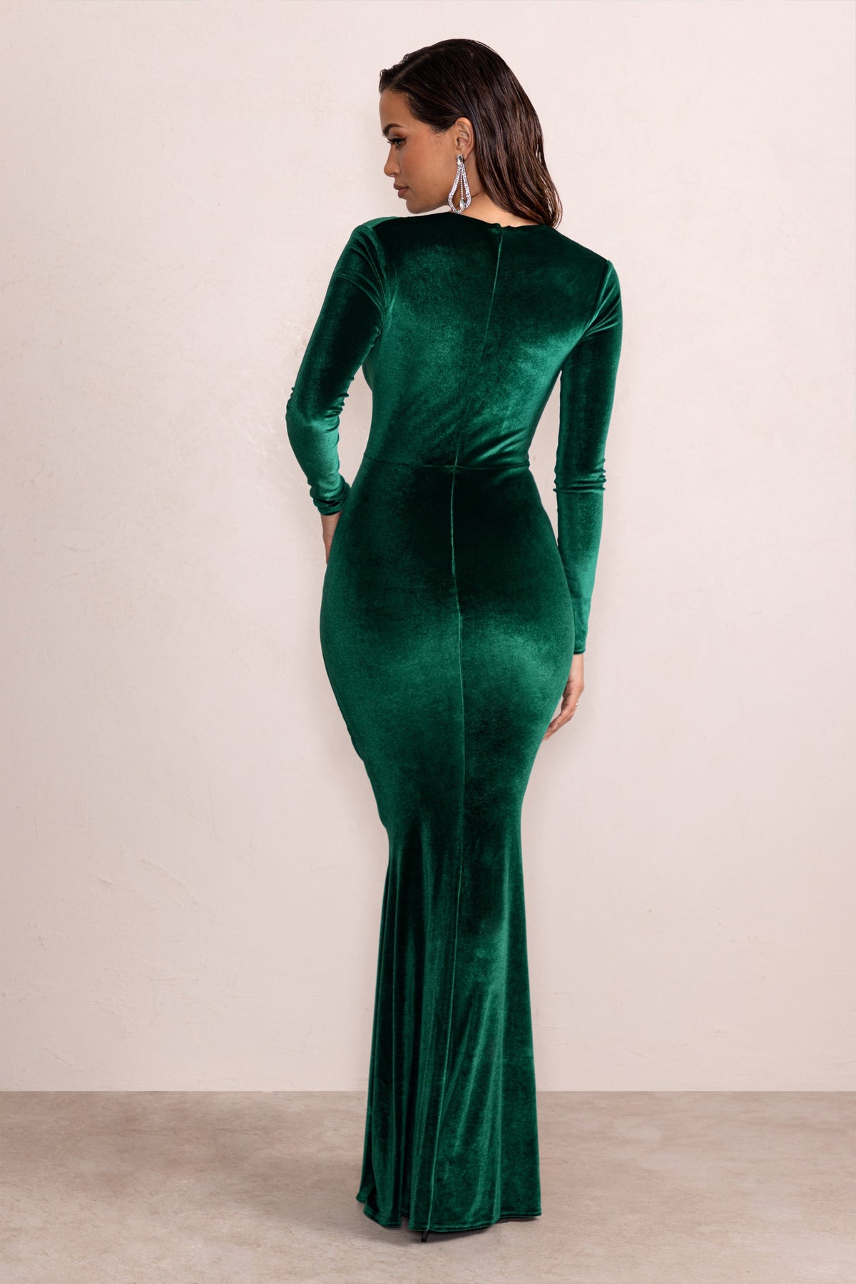 Elivia Bottle Green Velvet Long Sleeve Plunge Neck Maxi Dress