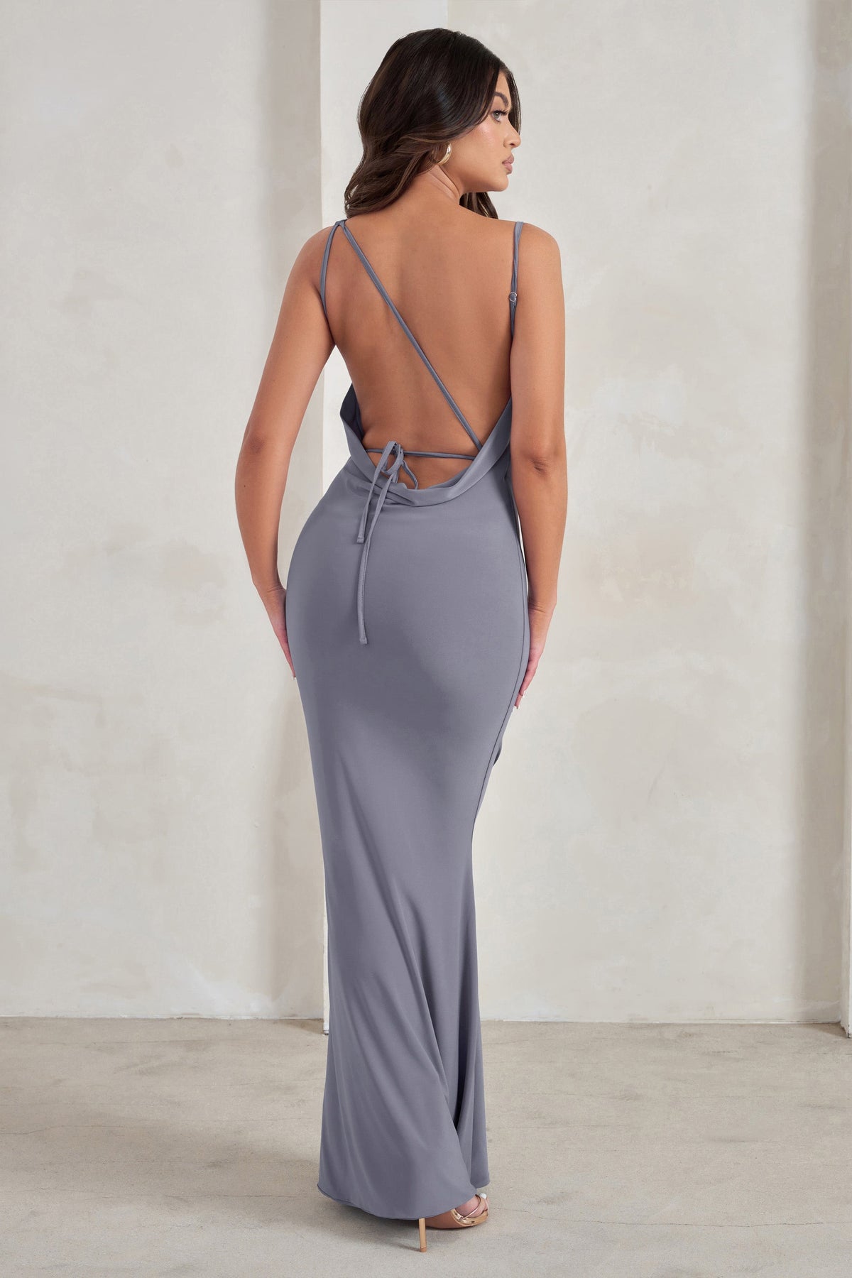 Corinne Grey Asymmetric Cowl Neck Backless Maxi Dress – Club L