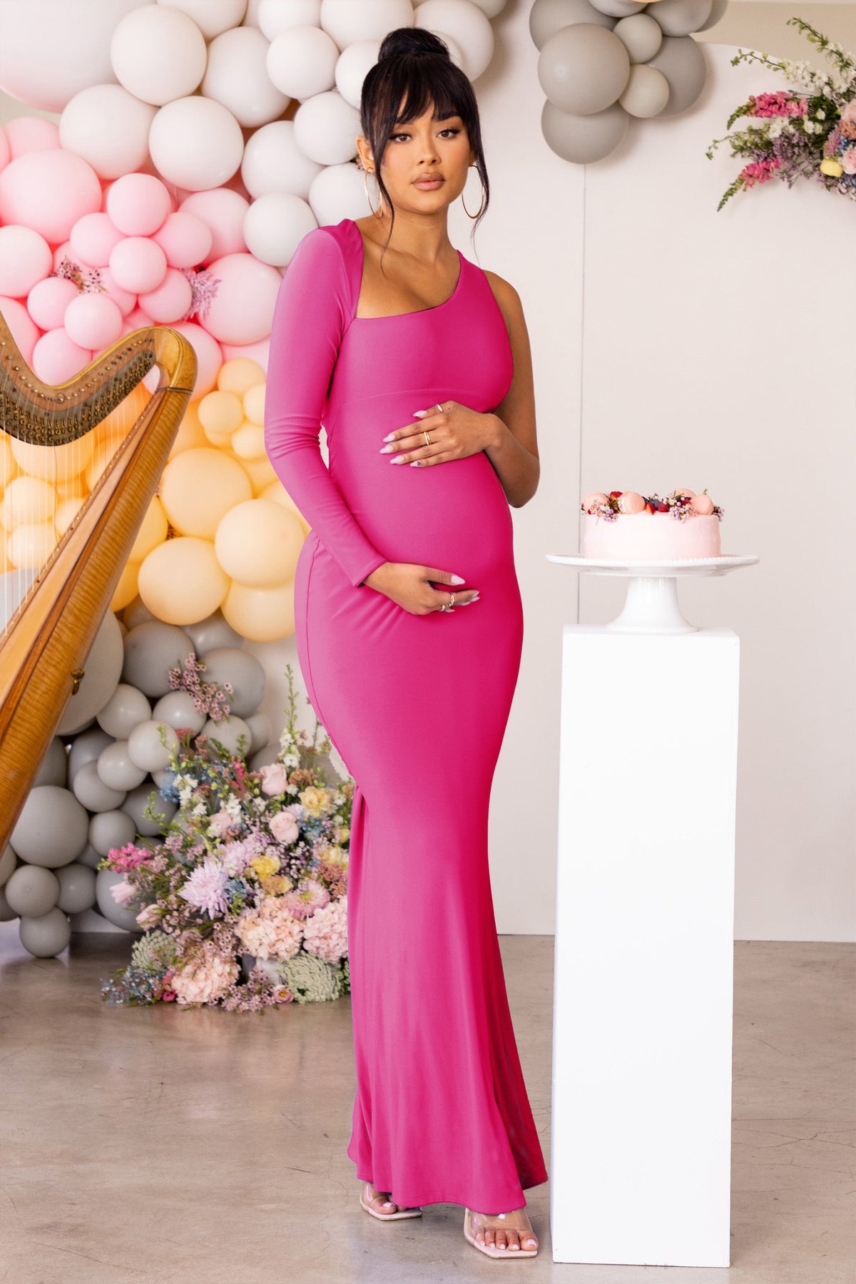 Oh Baby Hot Pink Maternity One Shoulder Bodycon Maxi Dress – Club