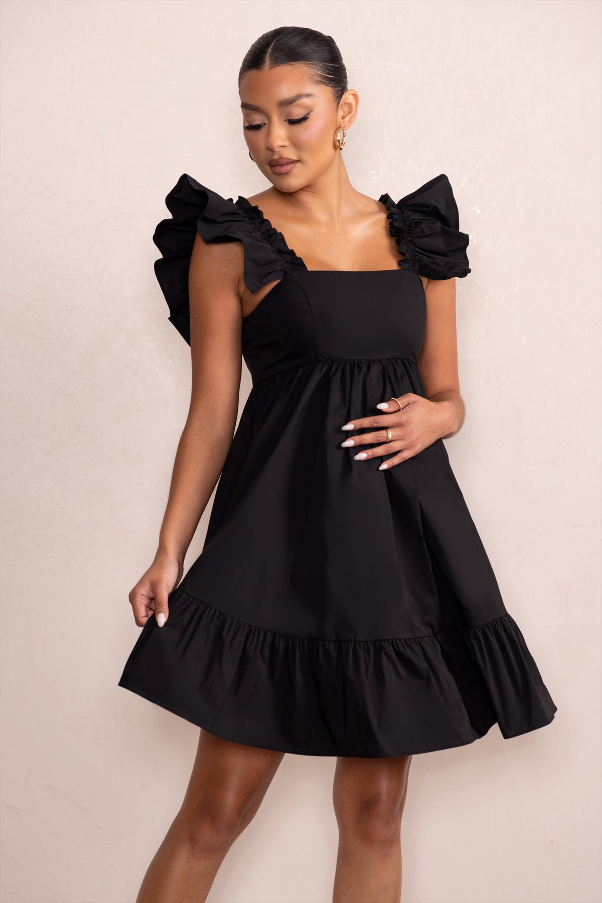 Dolly Daze | Black Maternity Ruffle Mini Dress