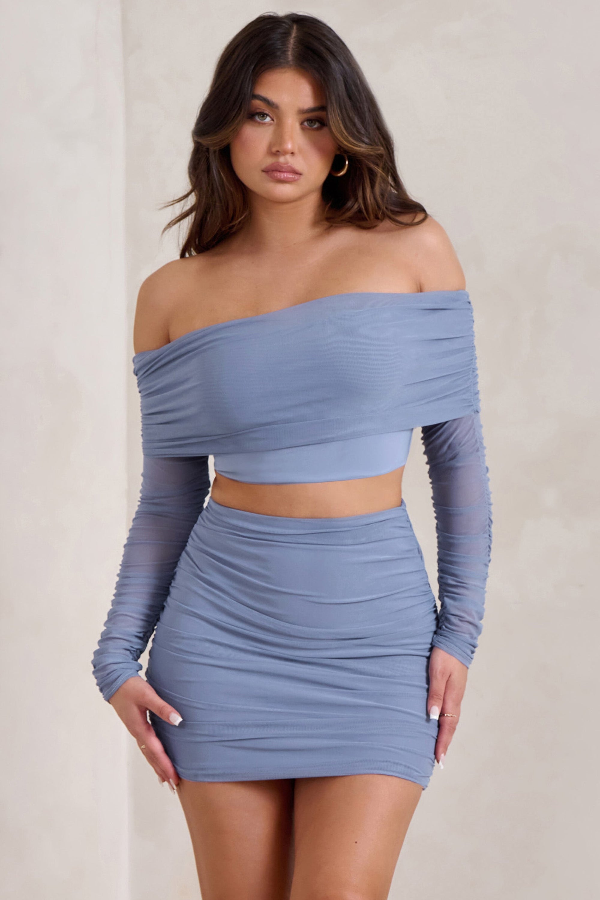 Rule Breaker | Cornflower Blue Ruched Mesh Bardot Crop Top - Club L London - USA