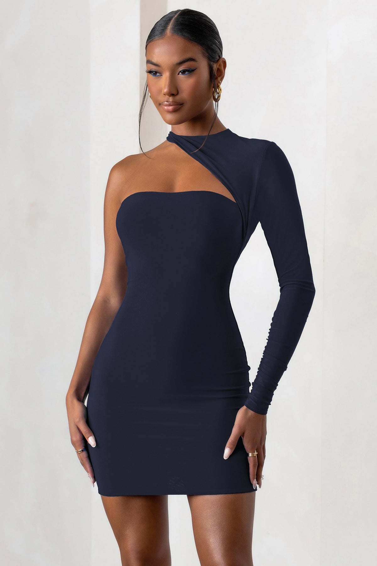 Perfect Touch Navy One Shoulder Long Sleeve Mini Dress – Club L London ...