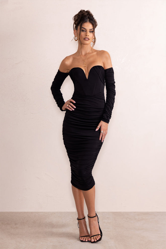 Demetra Midi Dress - High Split Corset Detail Off Shoulder Dress in Black