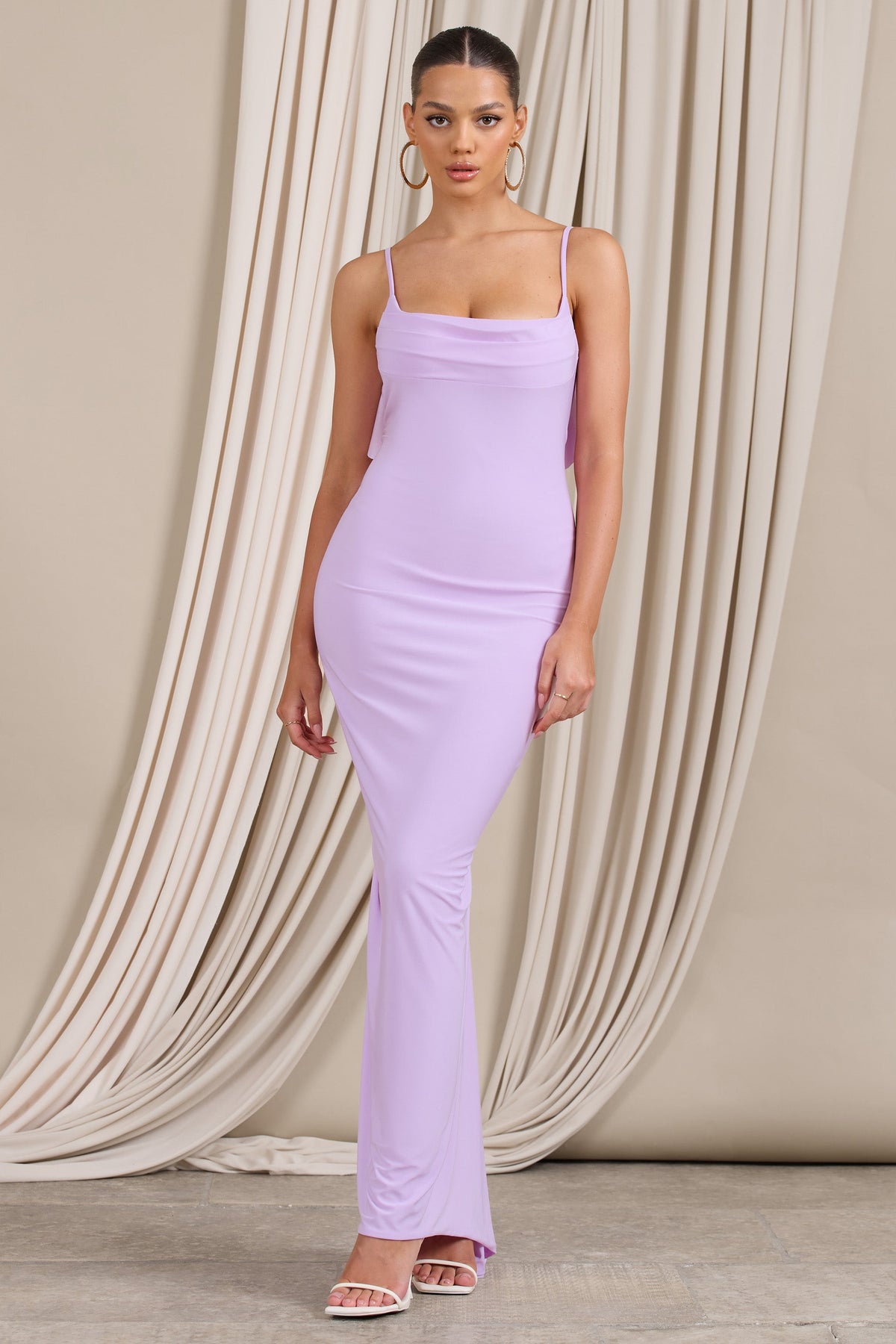Flute Lilac Bodycon Maxi Dress With Ruched Ruffled Back – Club L