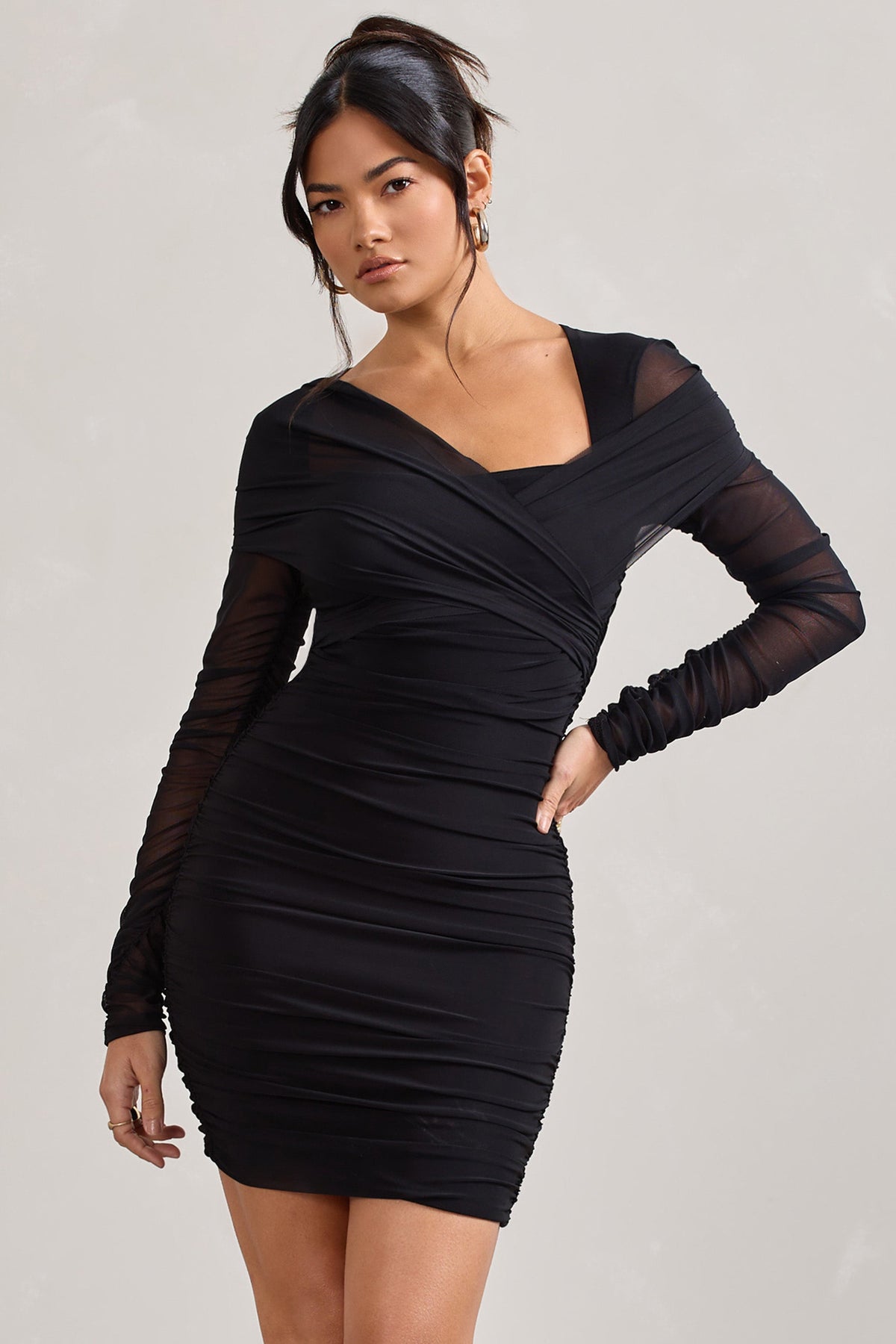 Sparks Fly Black Ruched Mesh Long-Sleeved Bodycon Mini Dress – Club L  London - USA
