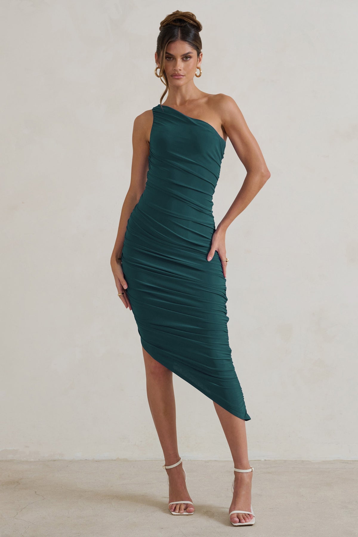 Dorit Bottle Green One Shoulder Asymmetric Ruched Midi Dress Club L London - USA Dorit Bottle Green One Shoulder Asymmetric Ruched Midi Dress Club L London - USA
