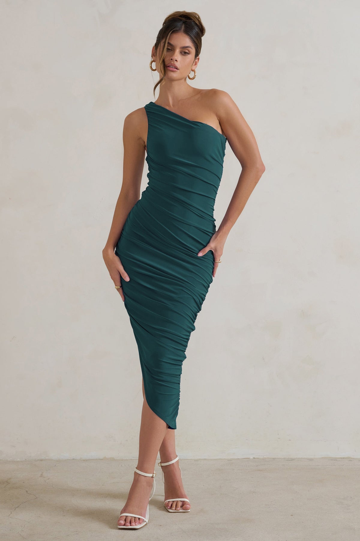 Dorit Bottle Green One Shoulder Asymmetric Ruched Midi Dress Club L London - USA Dorit Bottle Green One Shoulder Asymmetric Ruched Midi Dress Club L London - USA