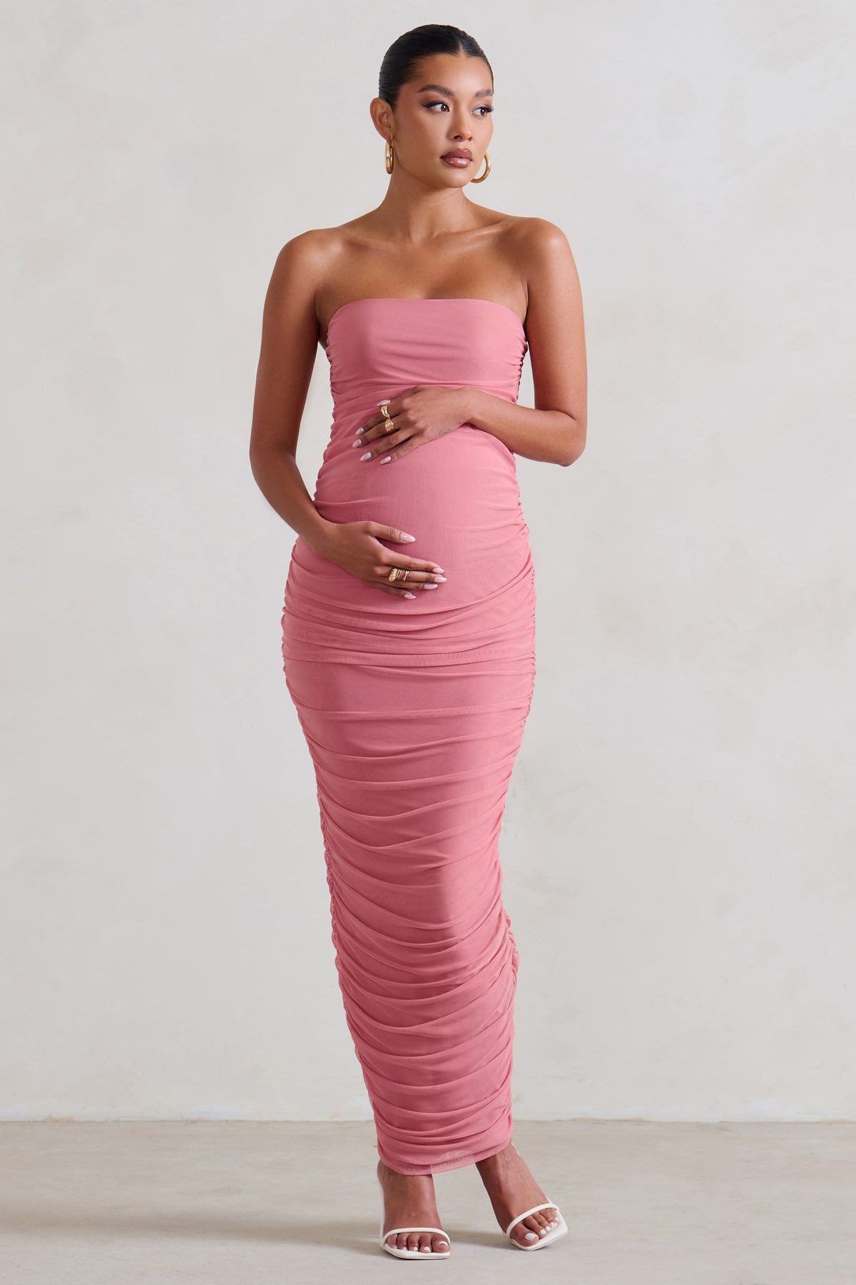 My Lady Maternity Blush Pink Strapless Bodycon Ruched Mesh Maxi Dres – Club  L London - USA