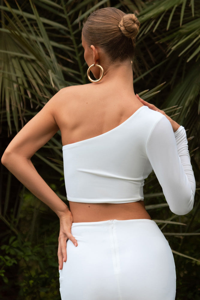 Step Up White Asymmetric One Shoulder Long Sleeve Crop Top