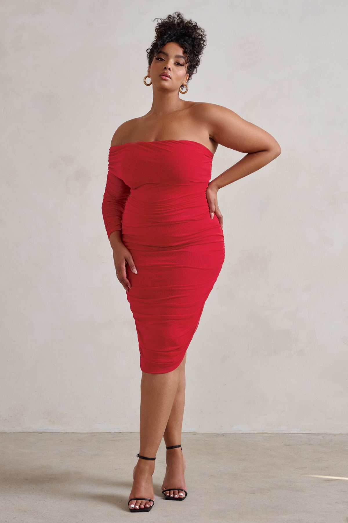 Bijou Red Asymmetric Bardot Mesh Ruched Midi Dress – Club L London - USA