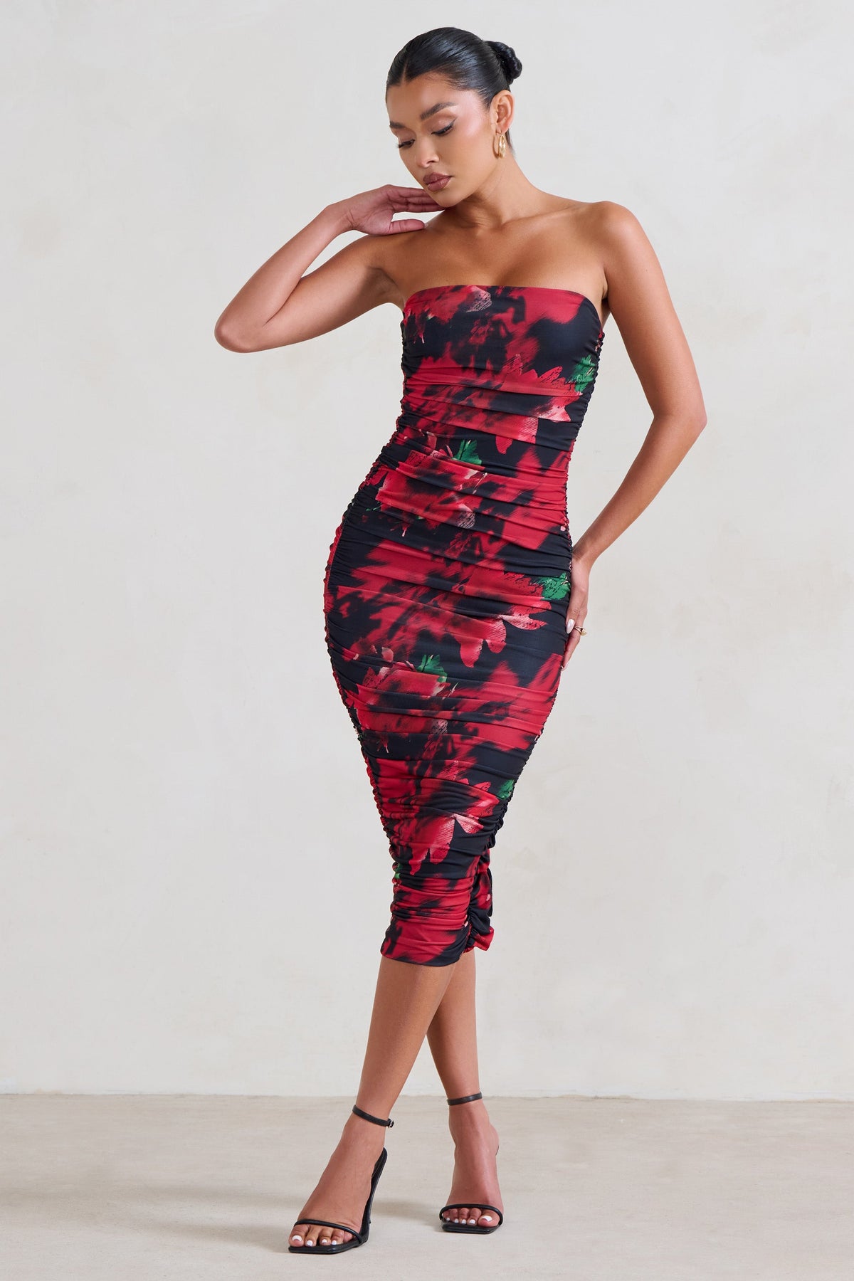 Forever Yours Ruched Bodycon Bandeau Midi Dress in Dark Red