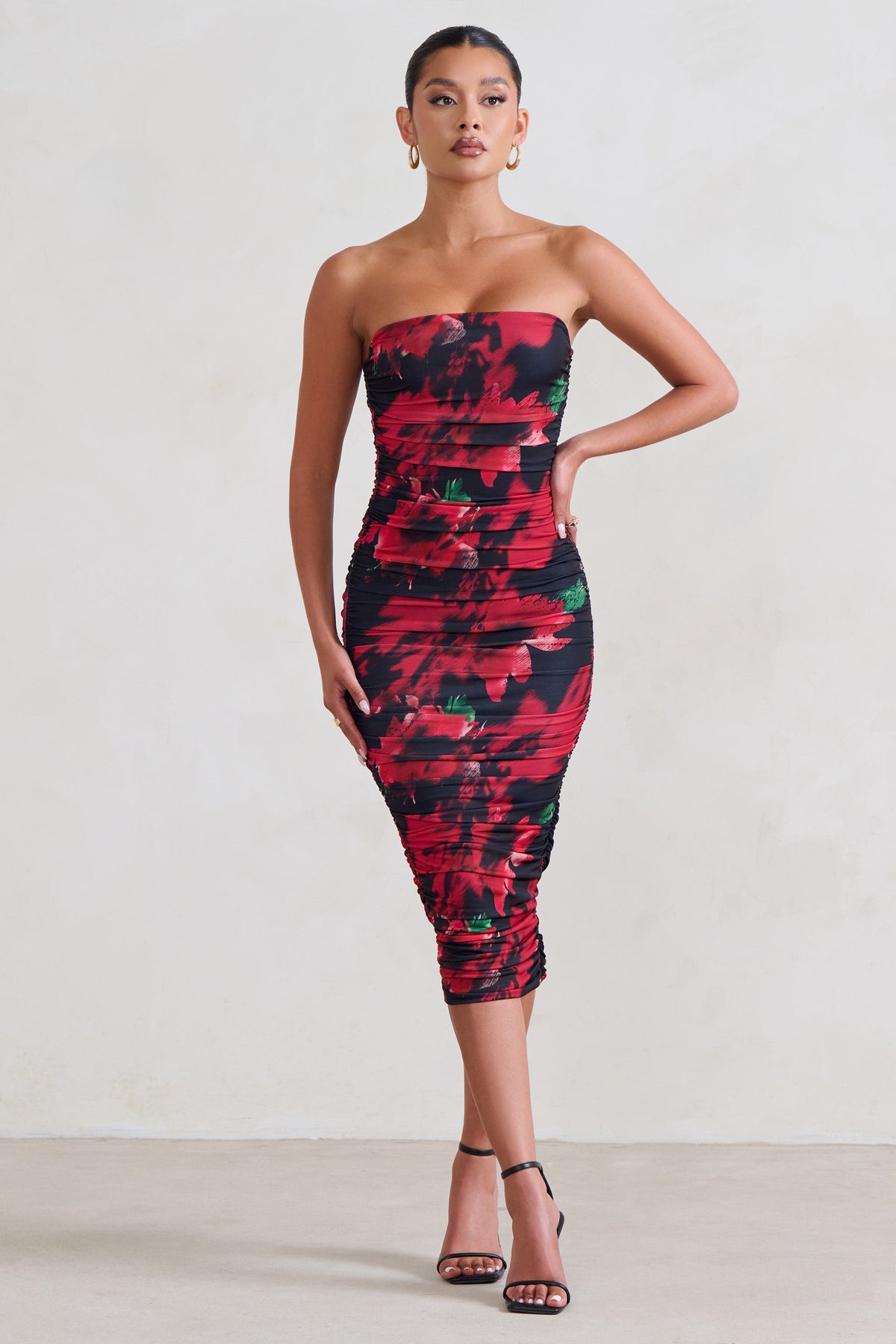 Forever Yours Ruched Bodycon Bandeau Midi Dress in Dark Red