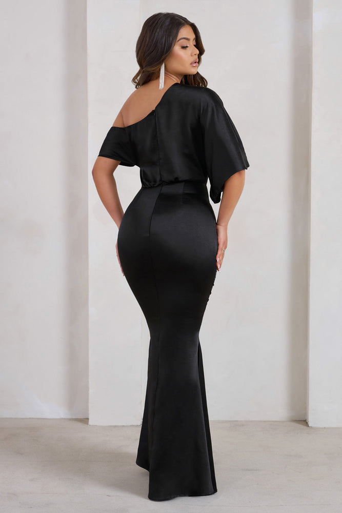 Sabrina Black Asymmetric Off The Shoulder Satin Maxi Dress – Club 