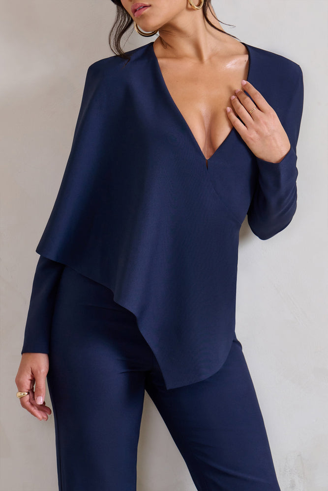 Erika | Navy Plunge Jumpsuit with One-Shoulder Cape Overlay