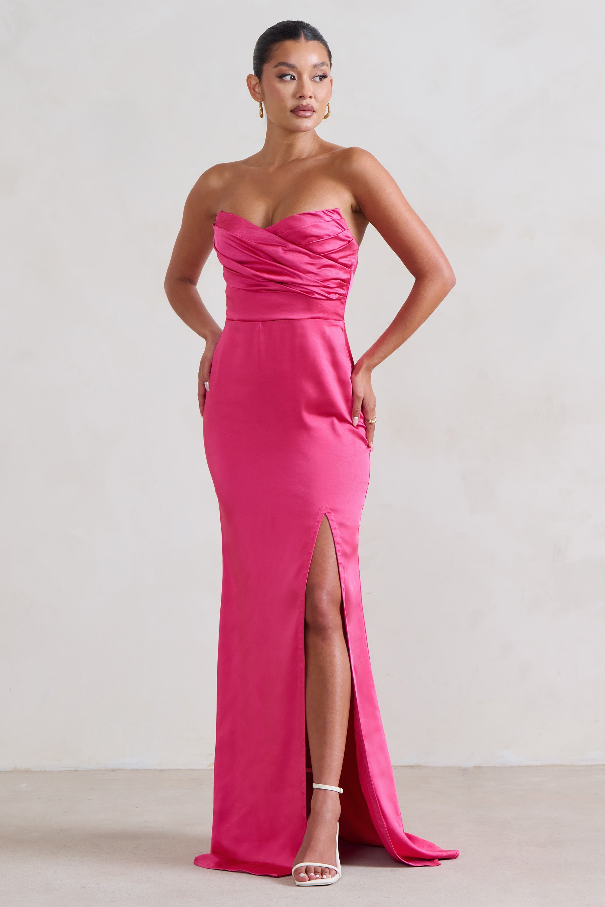 Coraline Hot Pink Strapless Maxi Dress With Split – Club L