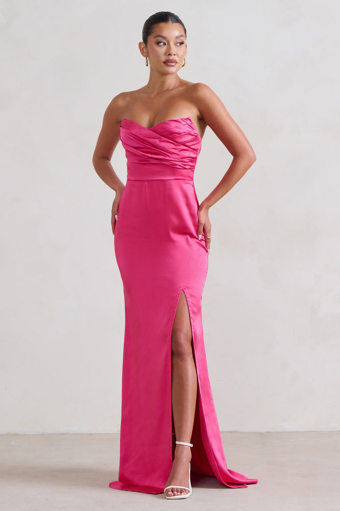 Coraline Hot Pink Strapless Maxi Dress With Split Club L London USA
