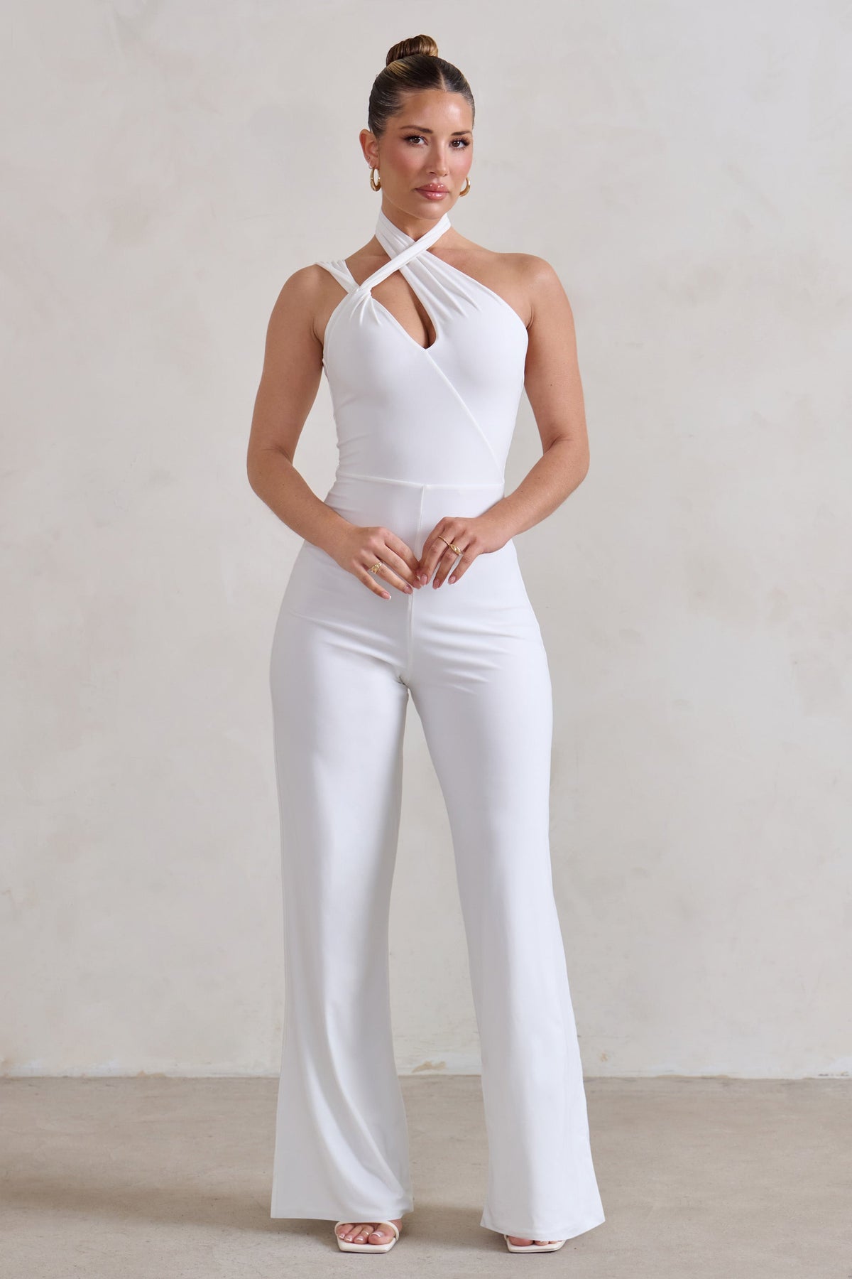 Tilly White Cut Out Halterneck Asymmetrical Jumpsuit – Club L