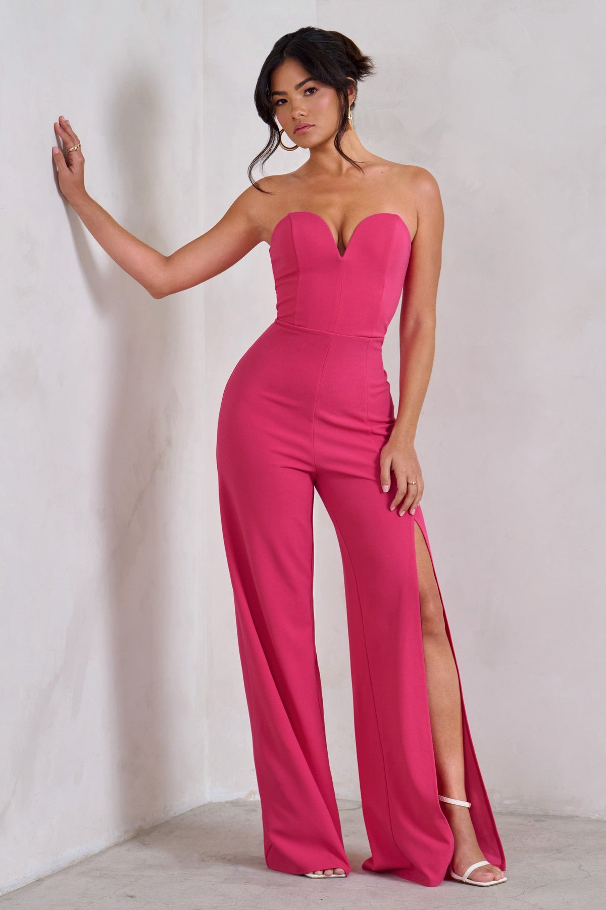 Tory Hot Pink Strapless Sweetheart Wide Leg Jumpsuit With Split