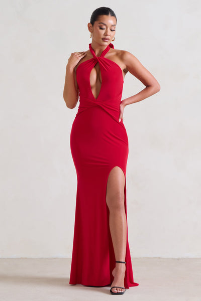 Luxuria Red Halter Cut Out Maxi Dress – Club L London - USA